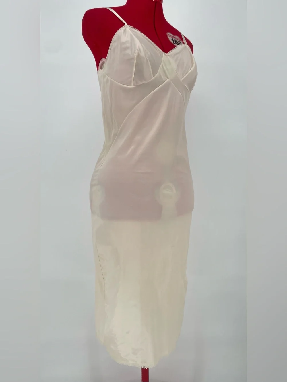Vintage Cream Nude 100% Nylon Midi Length Full Slip Dress W/ Waist Panels - Picture 4 of 12